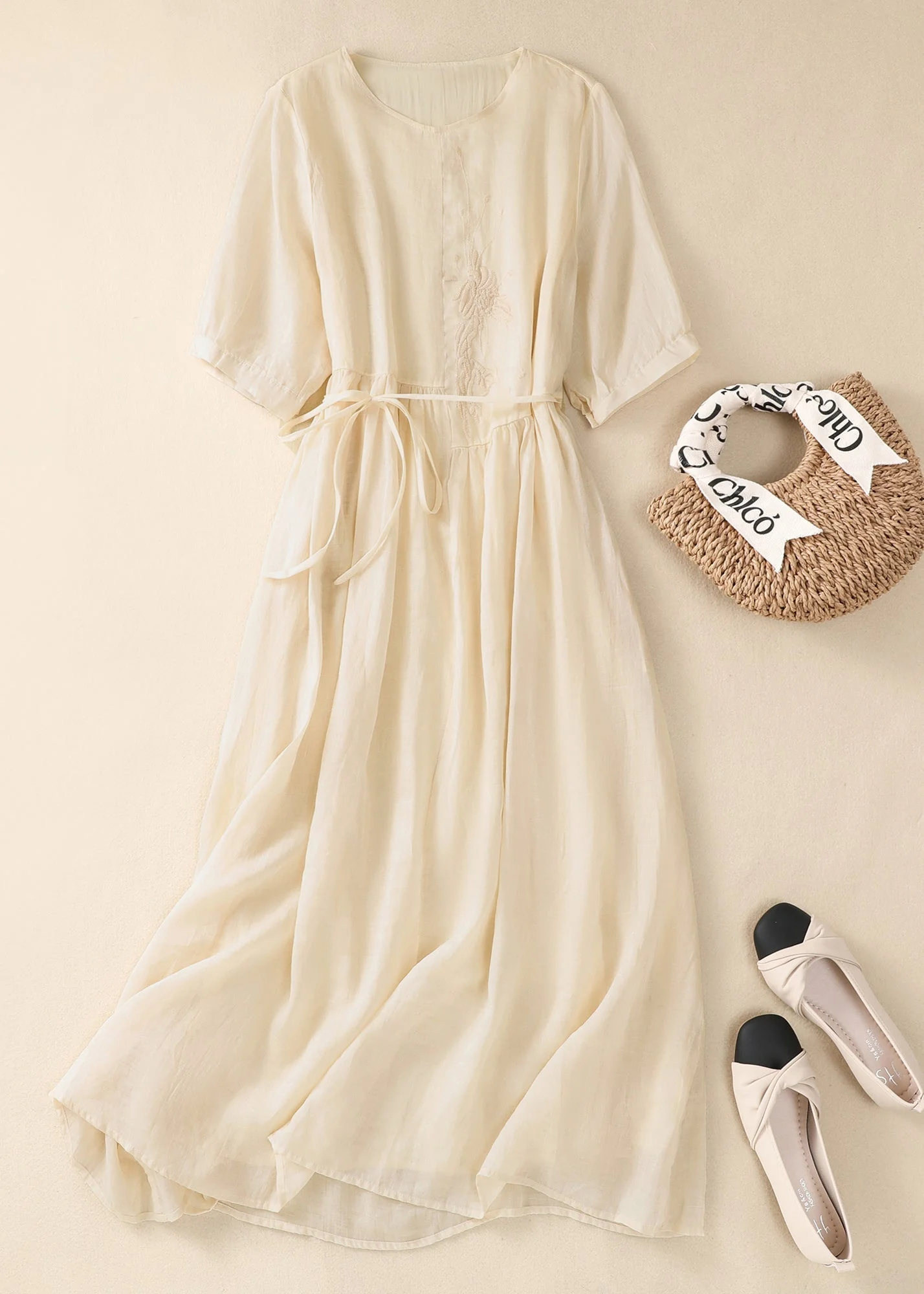 Chinese Style Green O-Neck Embroidered Tie Waist Cotton Dresses Summer - Image 2