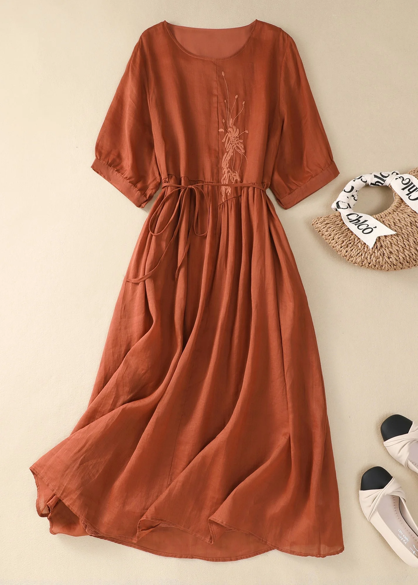 Chinese Style Green O-Neck Embroidered Tie Waist Cotton Dresses Summer - Image 3