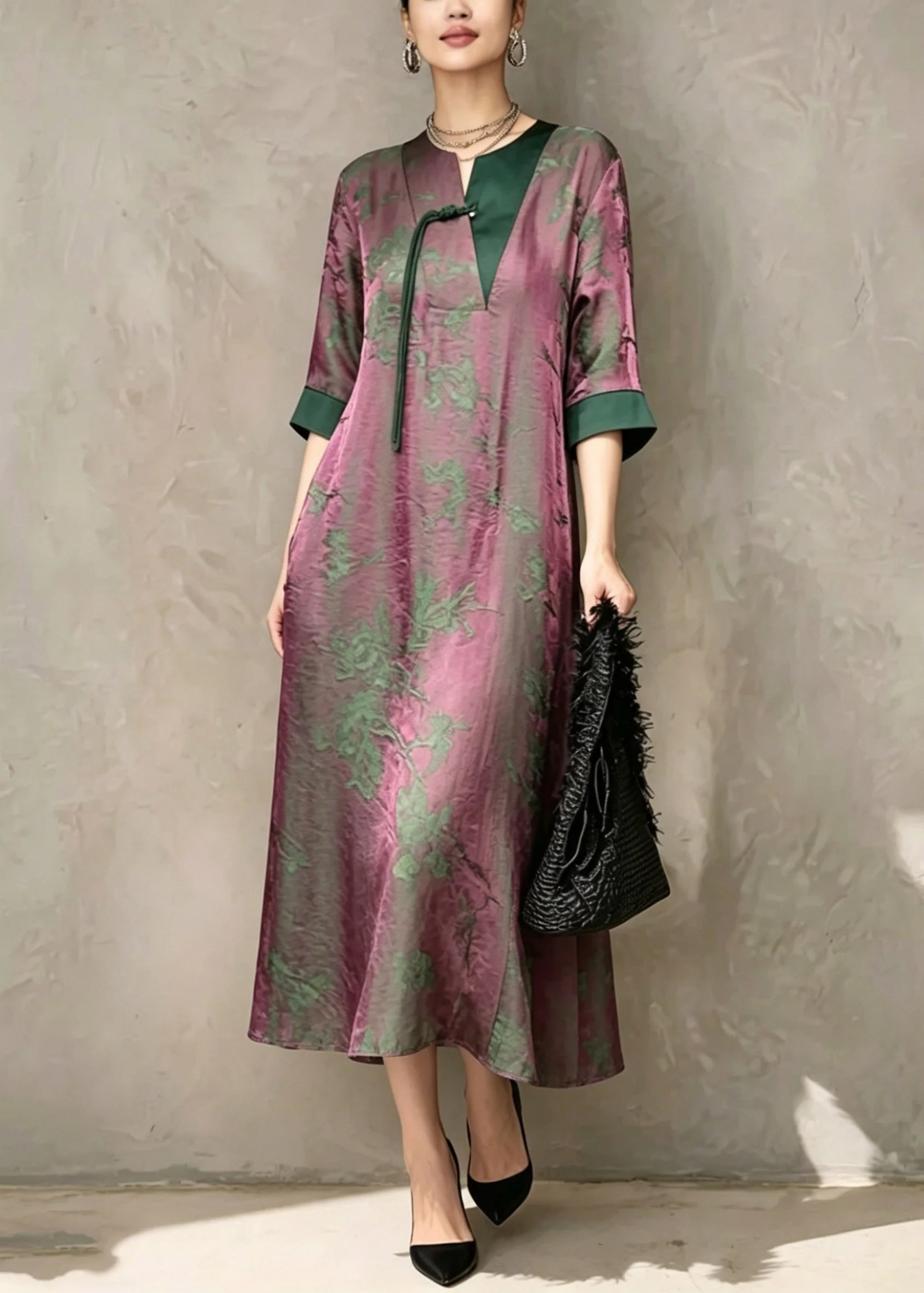 Chinese Style Green O-Neck Print Asymmetrical Long Dress Short Sleeve - Image 3