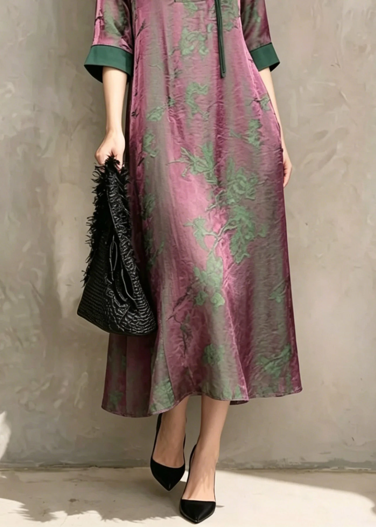 Chinese Style Green O-Neck Print Asymmetrical Long Dress Short Sleeve - Image 4