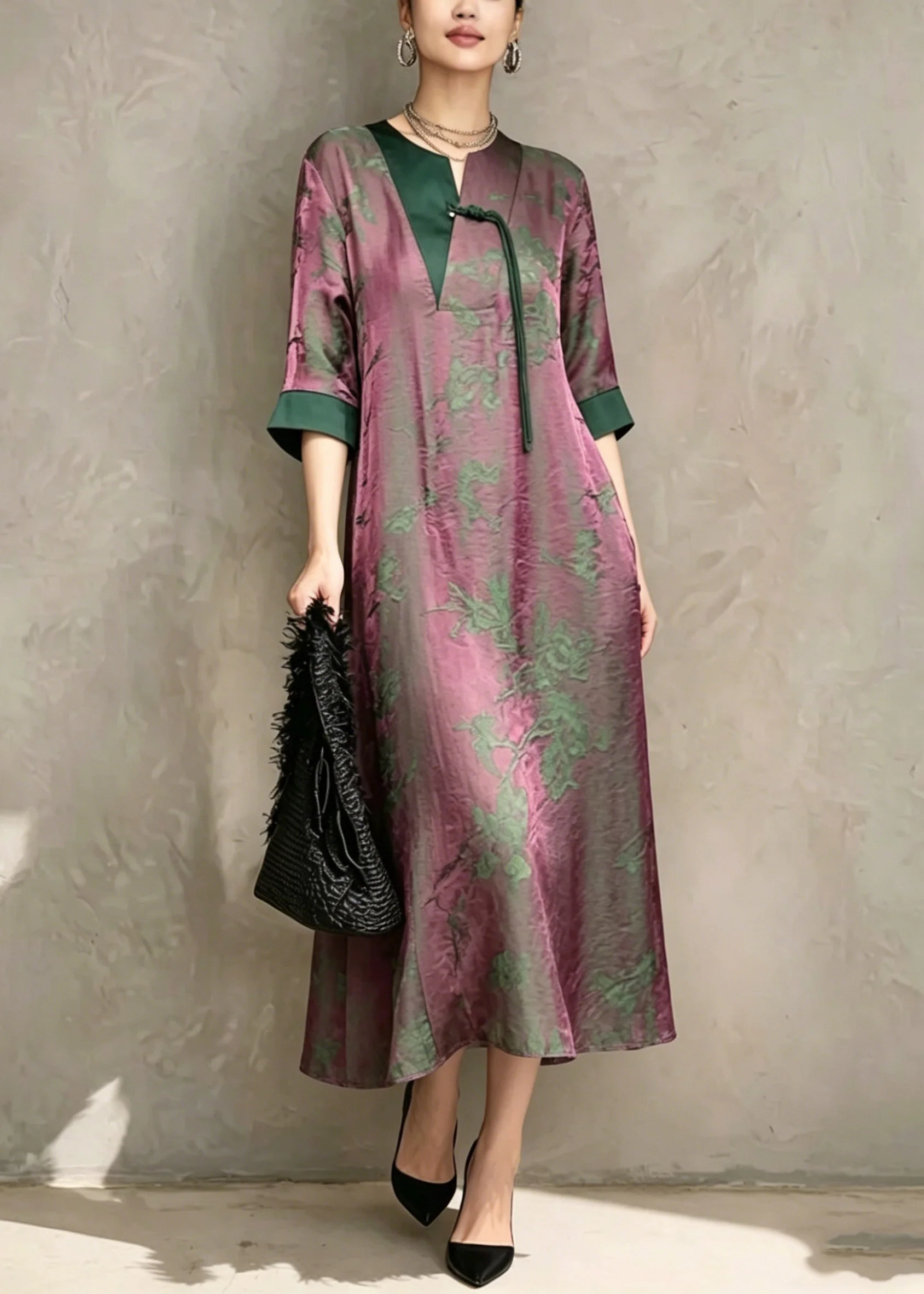 Chinese Style Green O-Neck Print Asymmetrical Long Dress Short Sleeve - Image 5