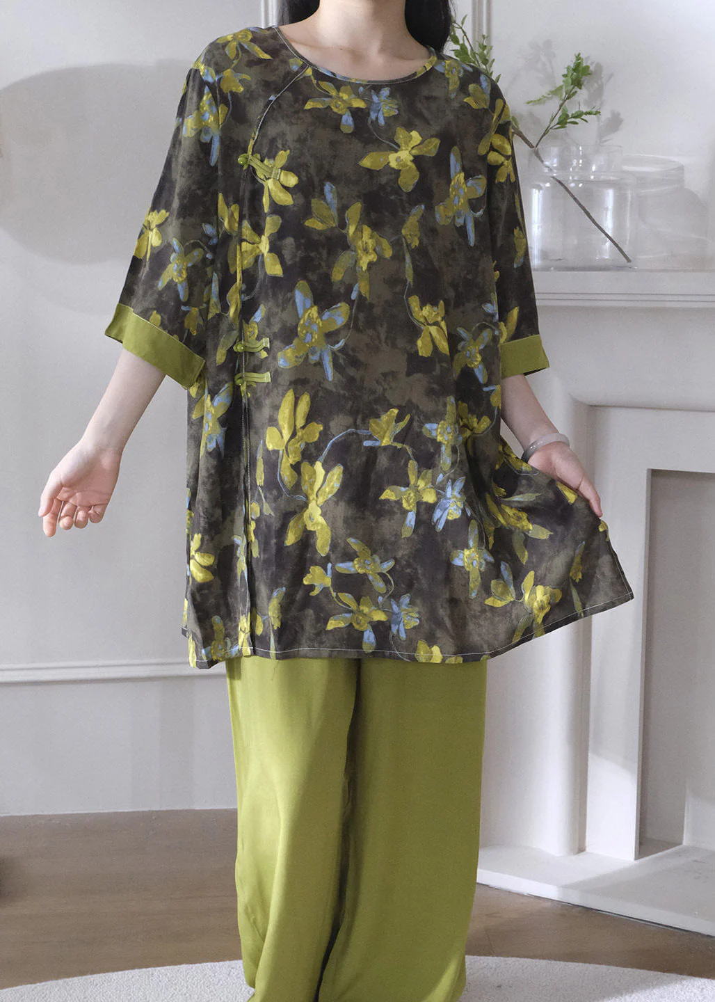 Chinese Style Green O-Neck Print Lingerie Set Short Sleeve