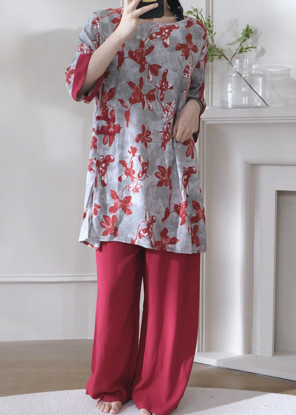 Chinese Style Green O-Neck Print Lingerie Set Short Sleeve - Image 3