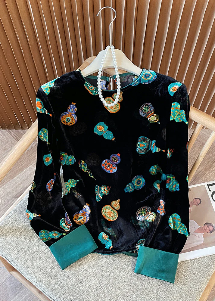Chinese Style Green O Neck Print Velour Shirt Tops Spring - Image 2