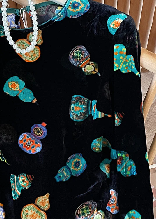 Chinese Style Green O Neck Print Velour Shirt Tops Spring - Image 4
