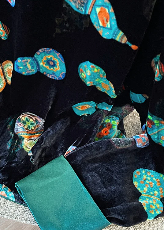 Chinese Style Green O Neck Print Velour Shirt Tops Spring - Image 5