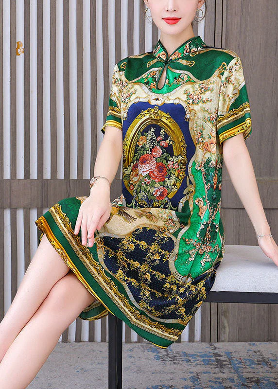 Chinese Style Green Print Mandarin Collar Silk A Line Dress Summer - Image 2
