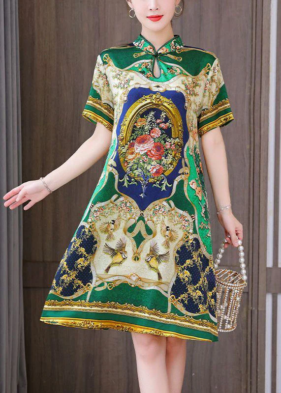Chinese Style Green Print Mandarin Collar Silk A Line Dress Summer - Image 3
