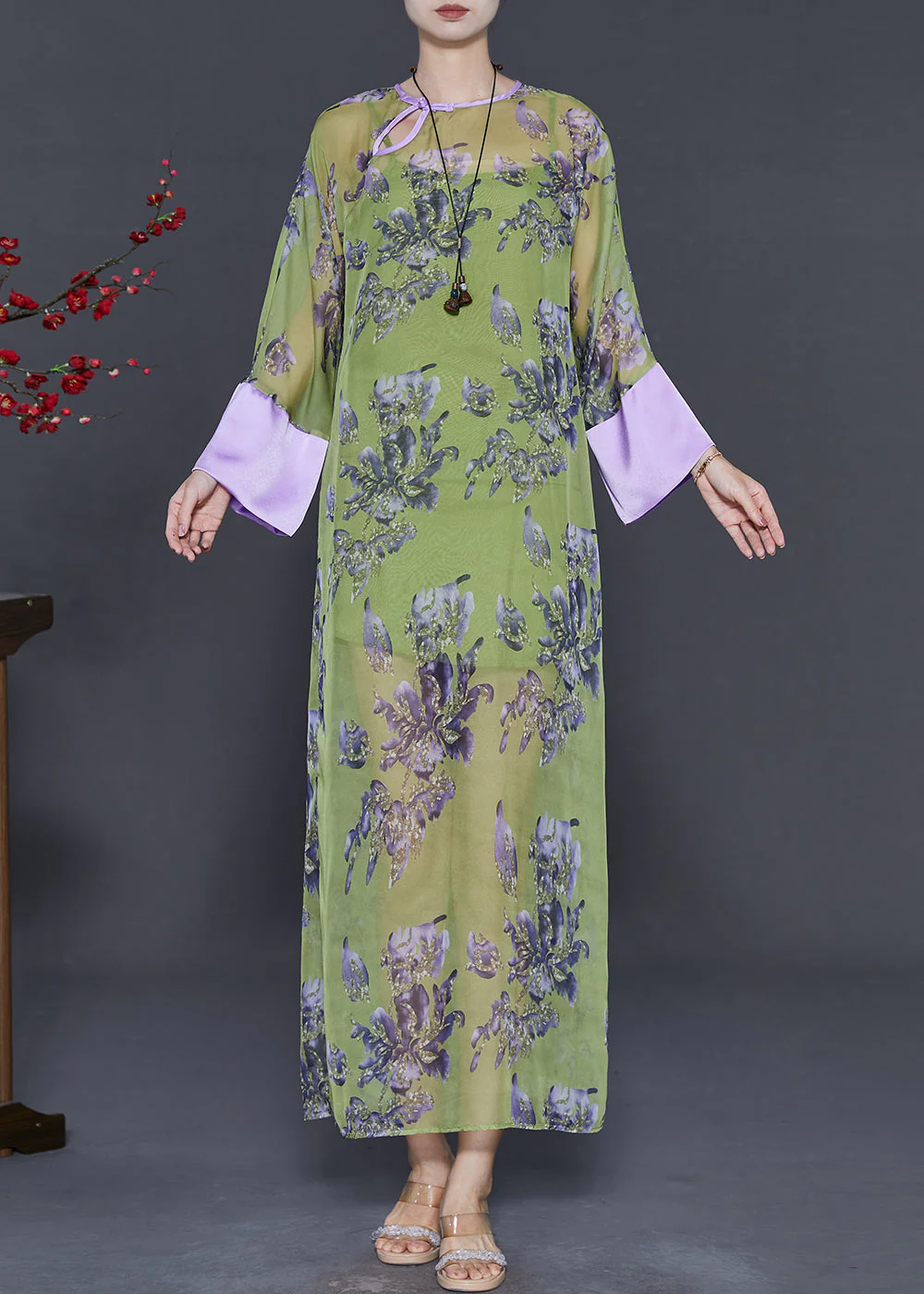 Chinese Style Green Print Silk Cheongsam Dress Summer - Image 2