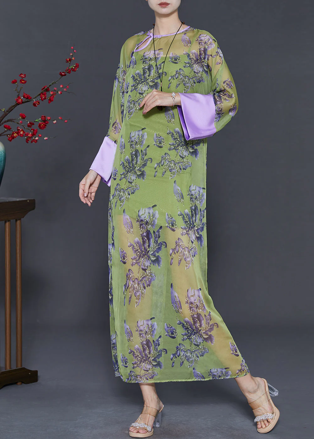 Chinese Style Green Print Silk Cheongsam Dress Summer - Image 3