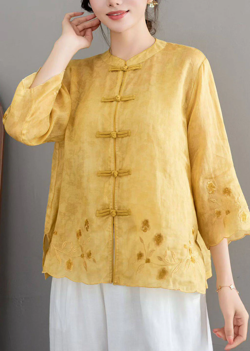 Chinese Style Green Stand Collar Embroidered Linen Shirt Bracelet Sleeve - Image 2