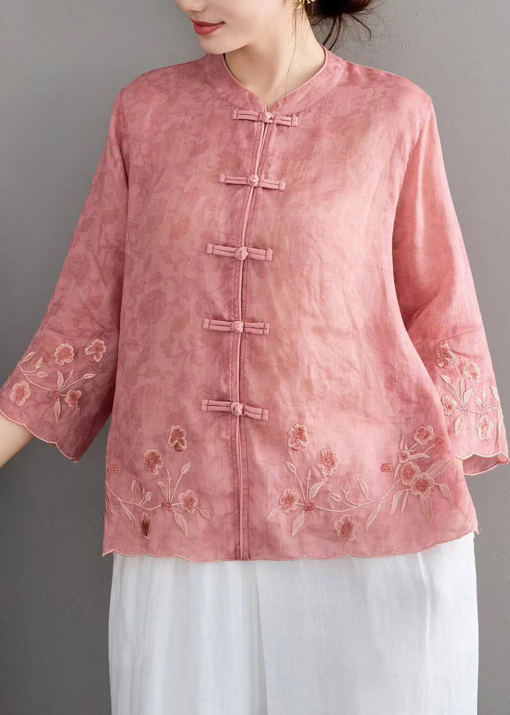 Chinese Style Green Stand Collar Embroidered Linen Shirt Bracelet Sleeve - Image 3