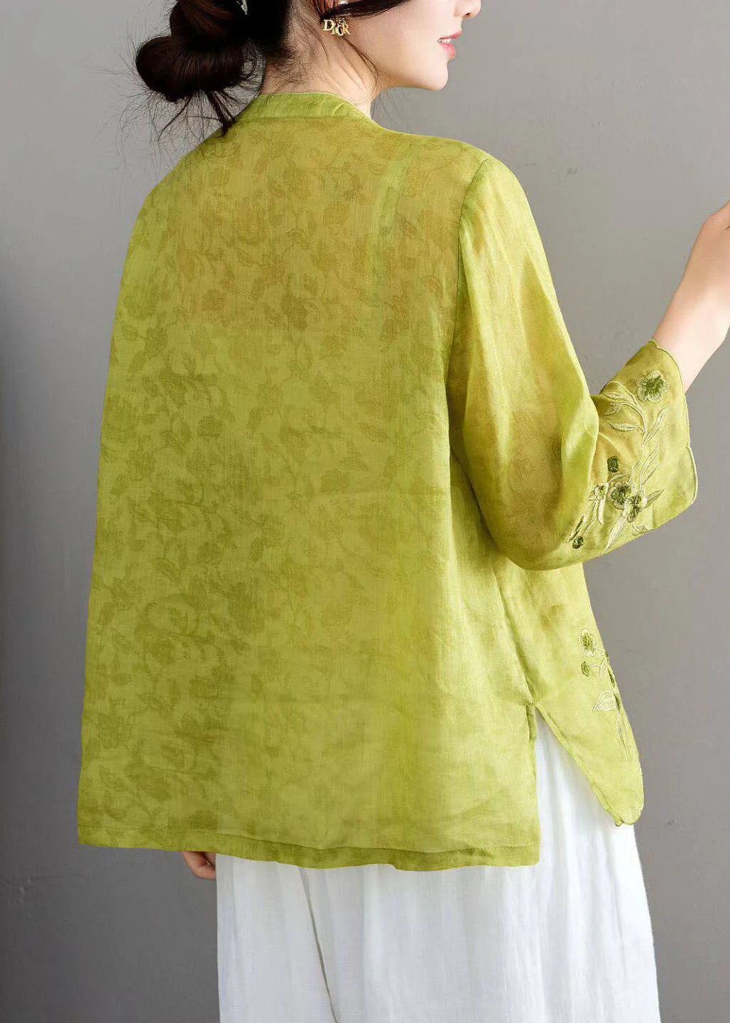 Chinese Style Green Stand Collar Embroidered Linen Shirt Bracelet Sleeve - Image 4