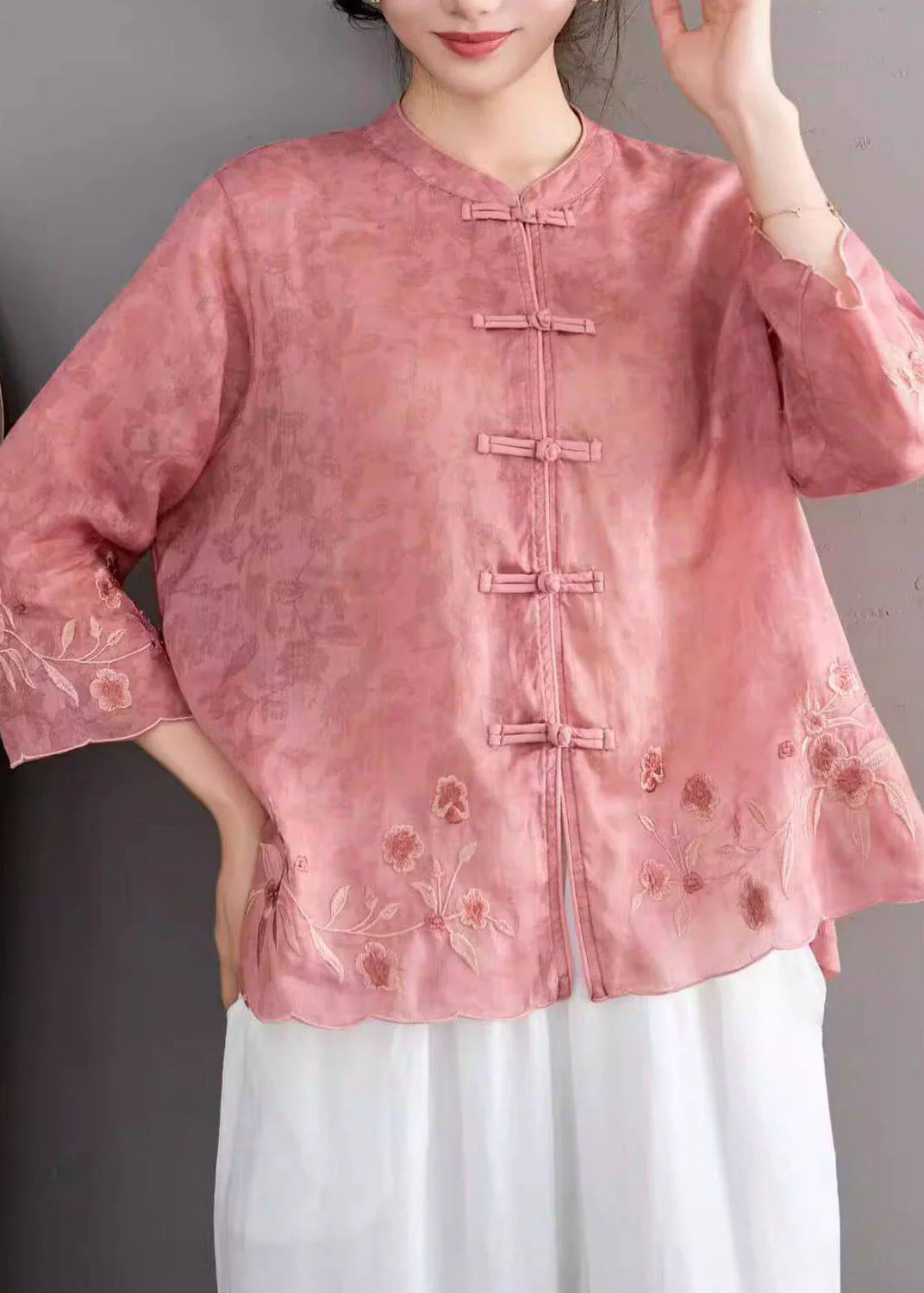 Chinese Style Green Stand Collar Embroidered Linen Shirt Bracelet Sleeve - Image 5