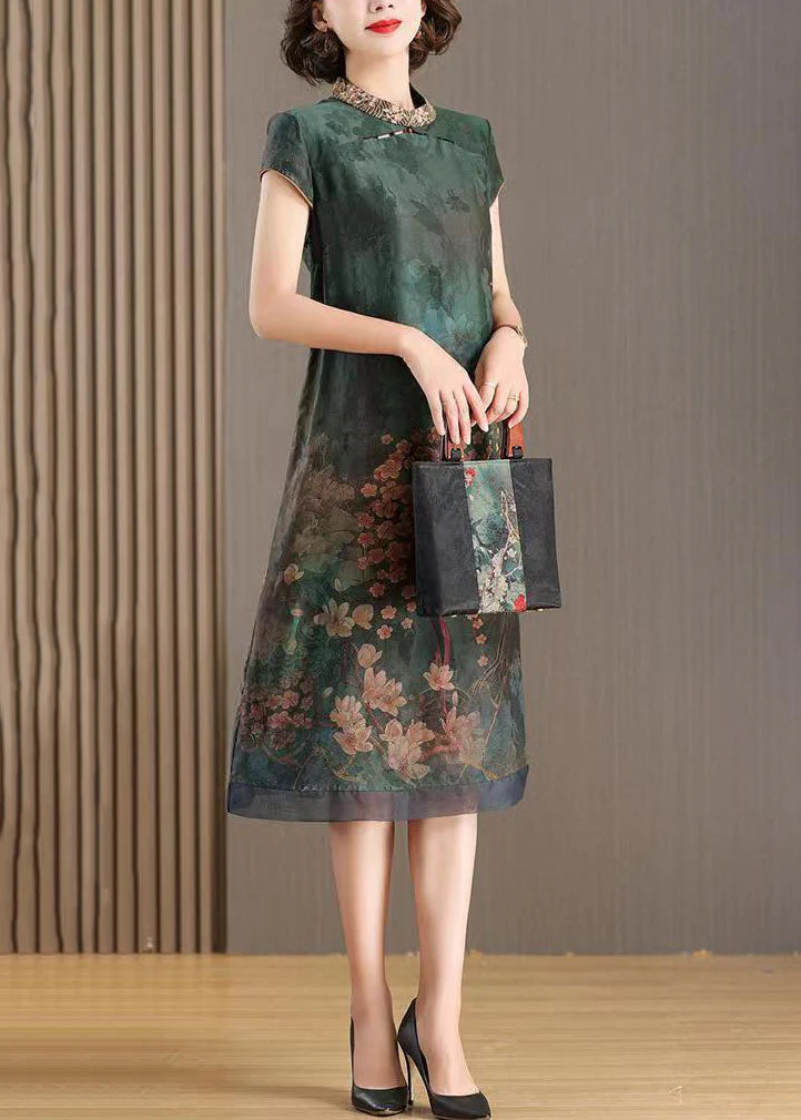 Chinese Style Green Stand Collar Embroideried Patchwork Silk Dresses Summer - Image 3