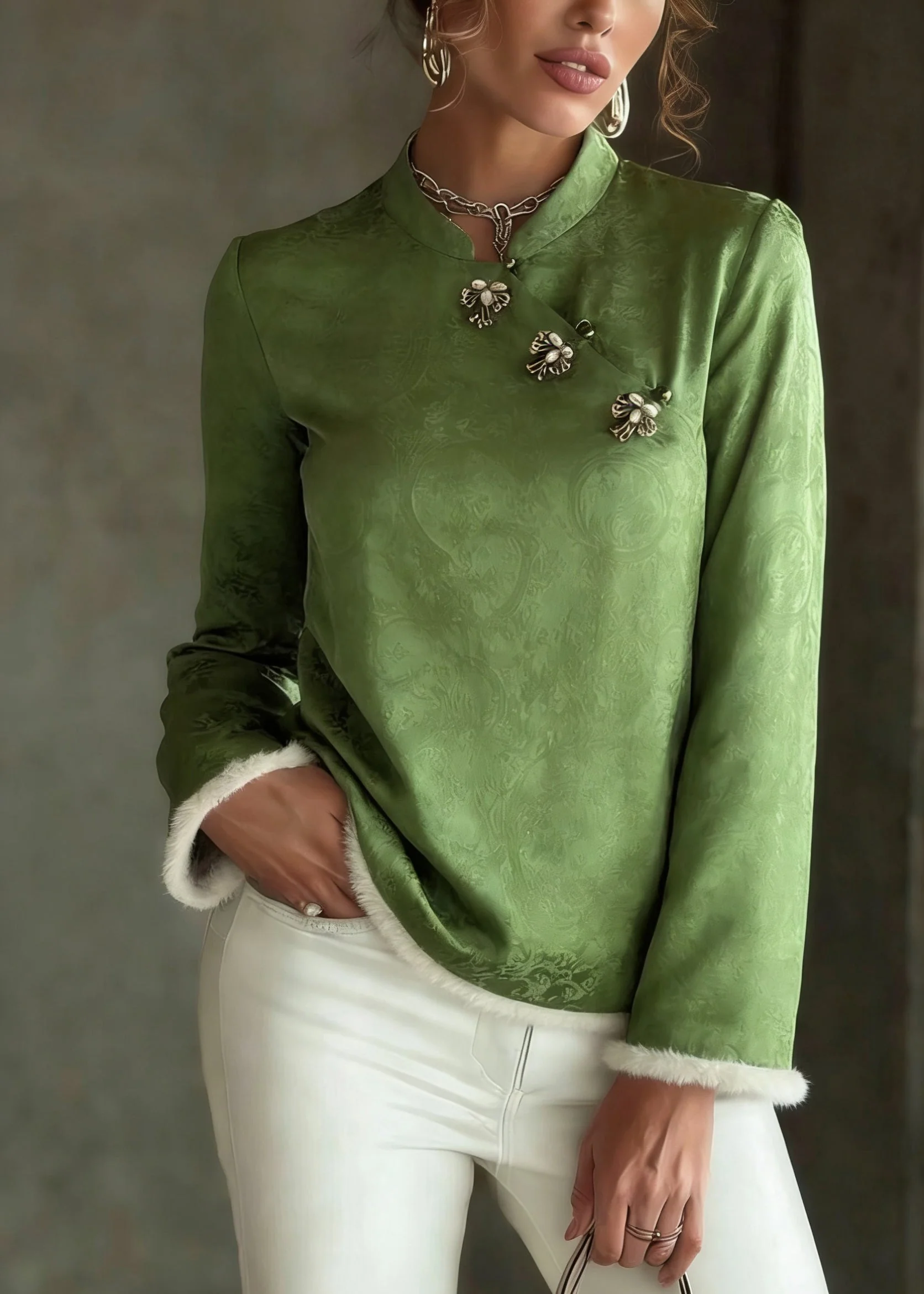 Chinese Style Green Stand Collar Patchwork Button Thick Silk Cotton Top Spring - Image 3