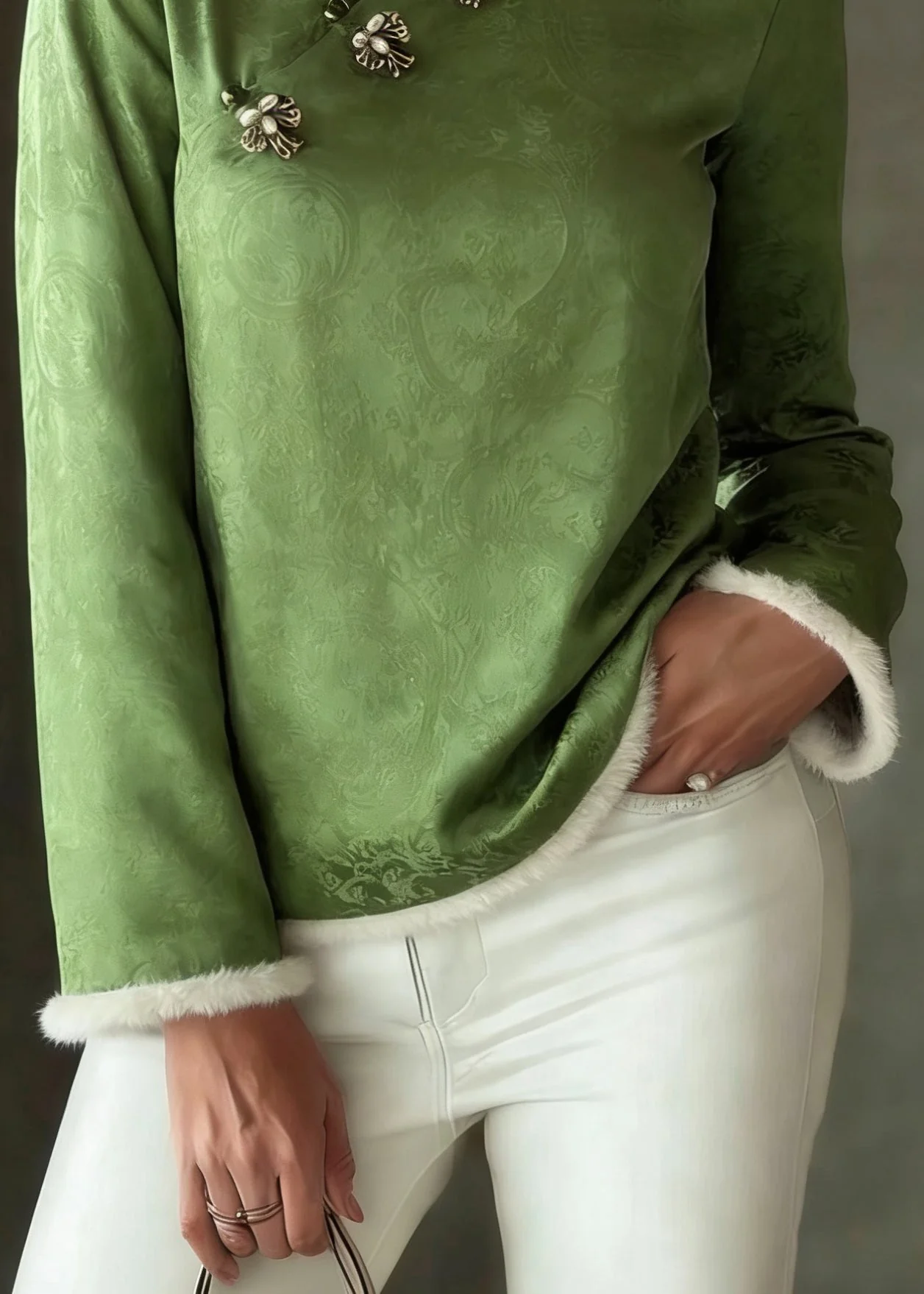 Chinese Style Green Stand Collar Patchwork Button Thick Silk Cotton Top Spring - Image 4