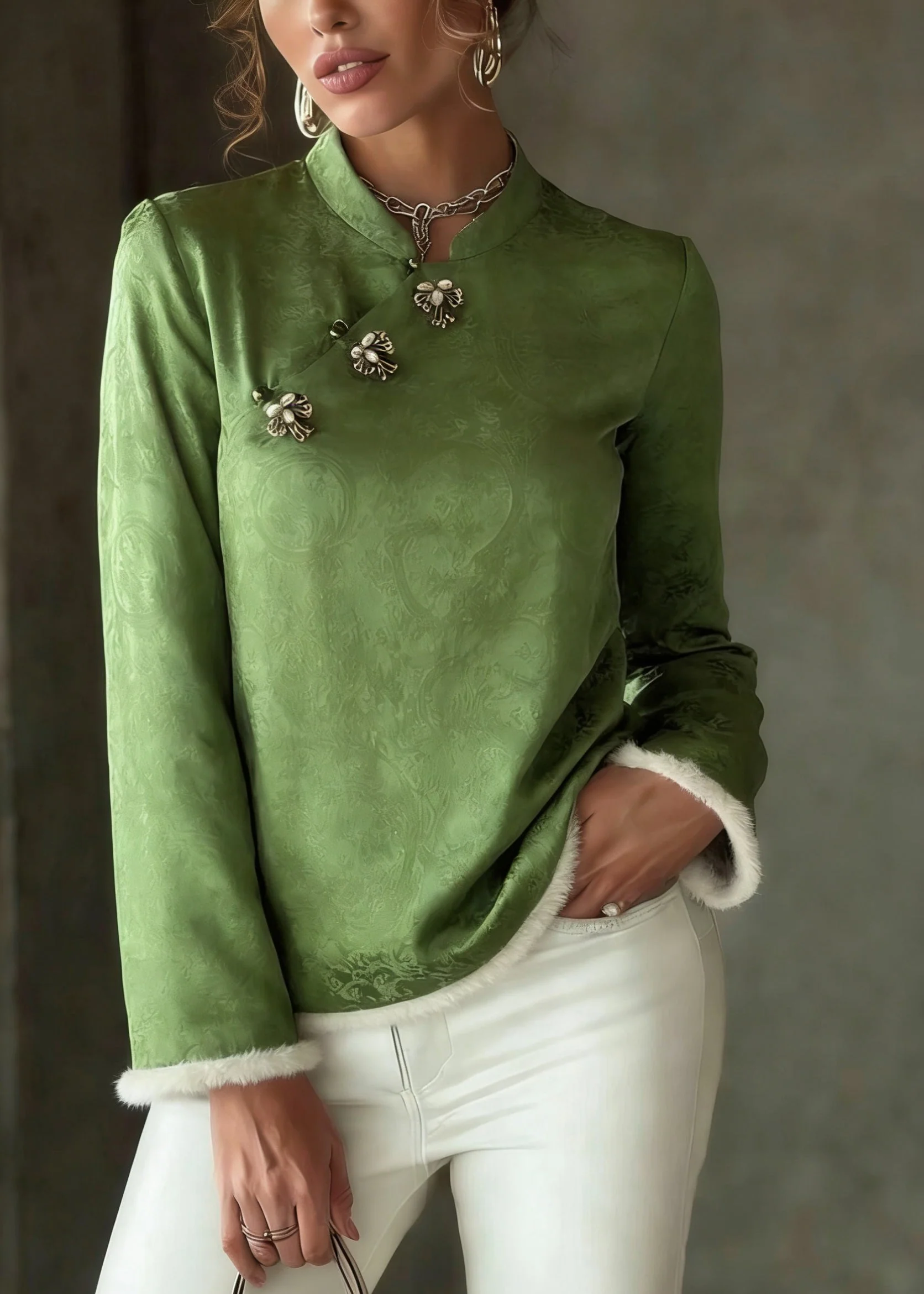 Chinese Style Green Stand Collar Patchwork Button Thick Silk Cotton Top Spring - Image 5