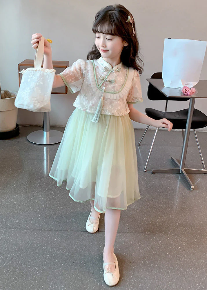 Chinese Style Green Stand Collar Tassel Fake Two Pieces Tulle Girls Maxi Dresses Summer - Image 2