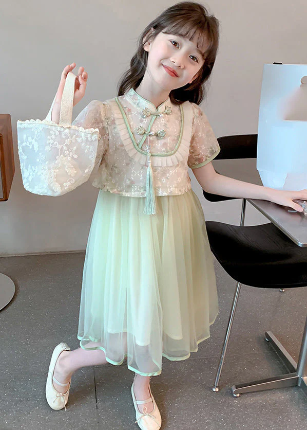 Chinese Style Green Stand Collar Tassel Fake Two Pieces Tulle Girls Maxi Dresses Summer - Image 3