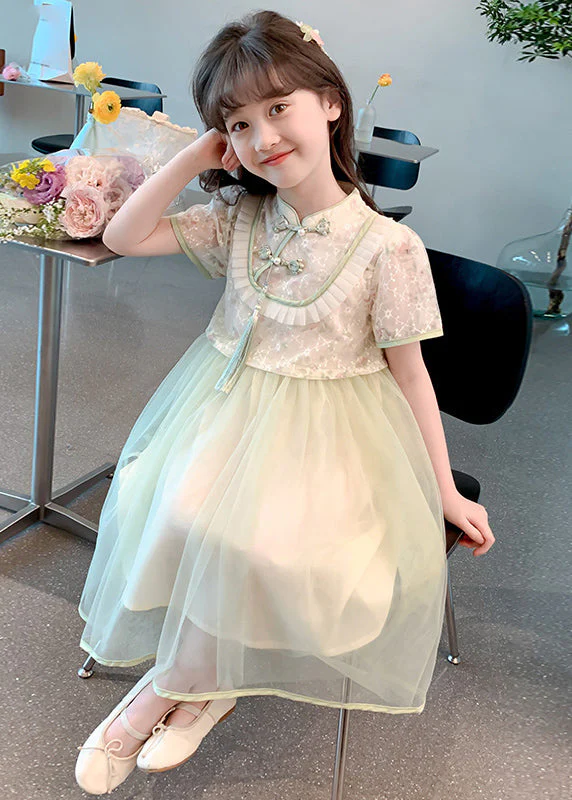 Chinese Style Green Stand Collar Tassel Fake Two Pieces Tulle Girls Maxi Dresses Summer - Image 4