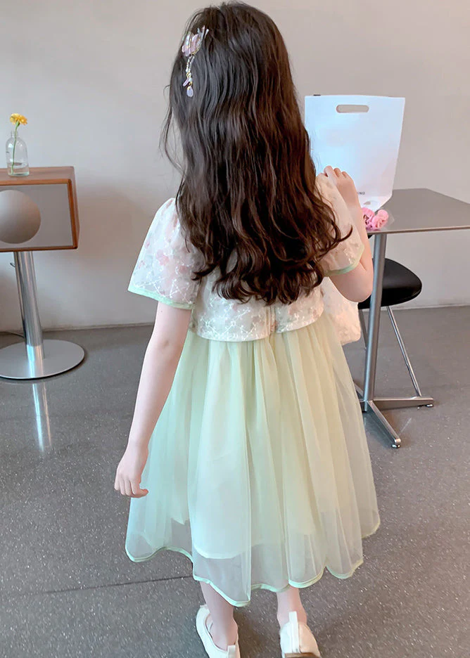 Chinese Style Green Stand Collar Tassel Fake Two Pieces Tulle Girls Maxi Dresses Summer - Image 5