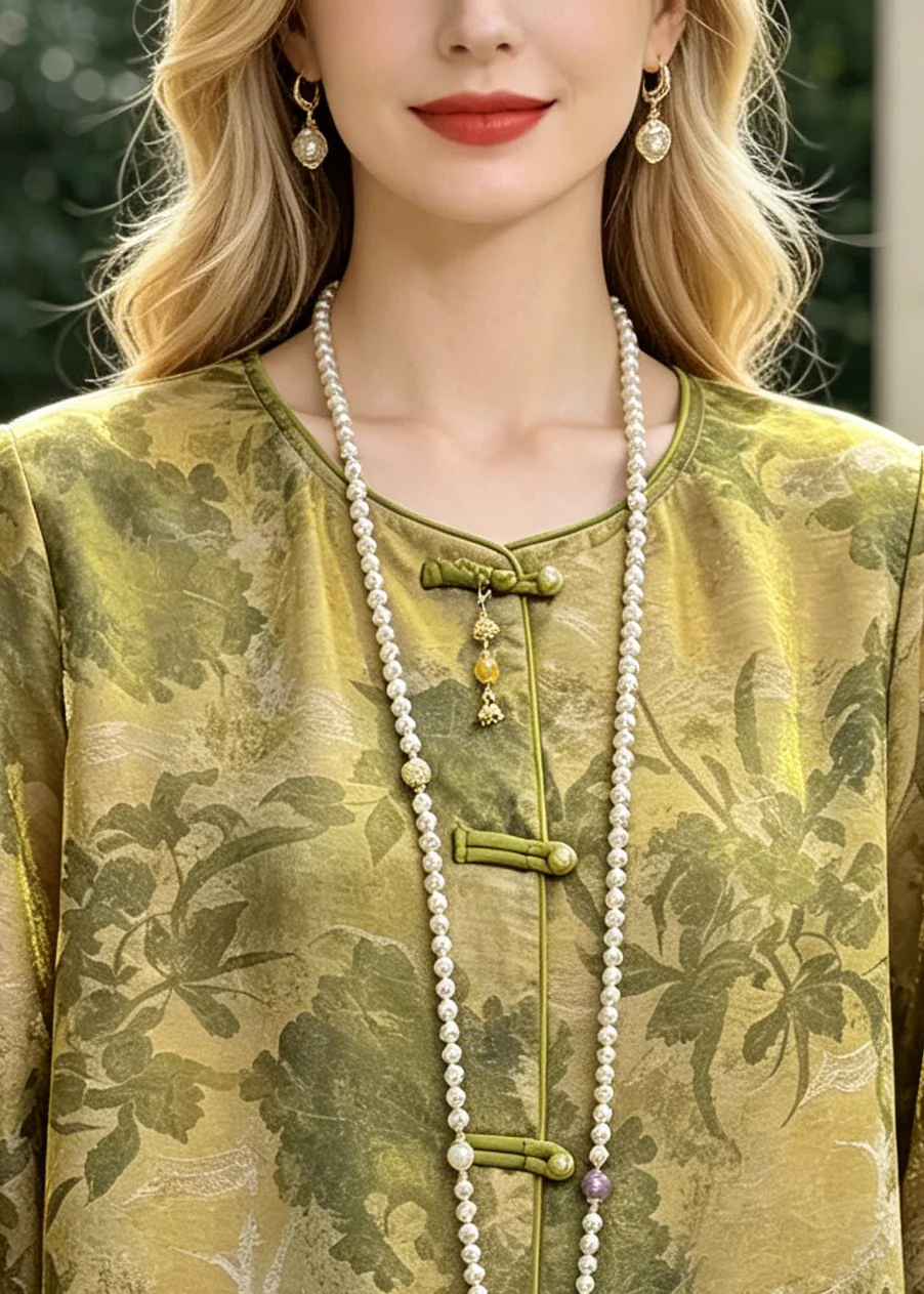 Chinese Style Green Tasseled Print Silk Shirt Top Summer - Image 2