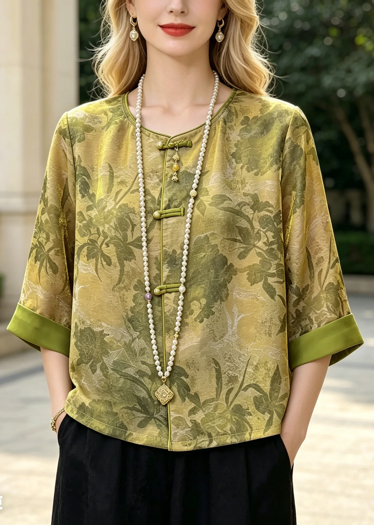 Chinese Style Green Tasseled Print Silk Shirt Top Summer - Image 3