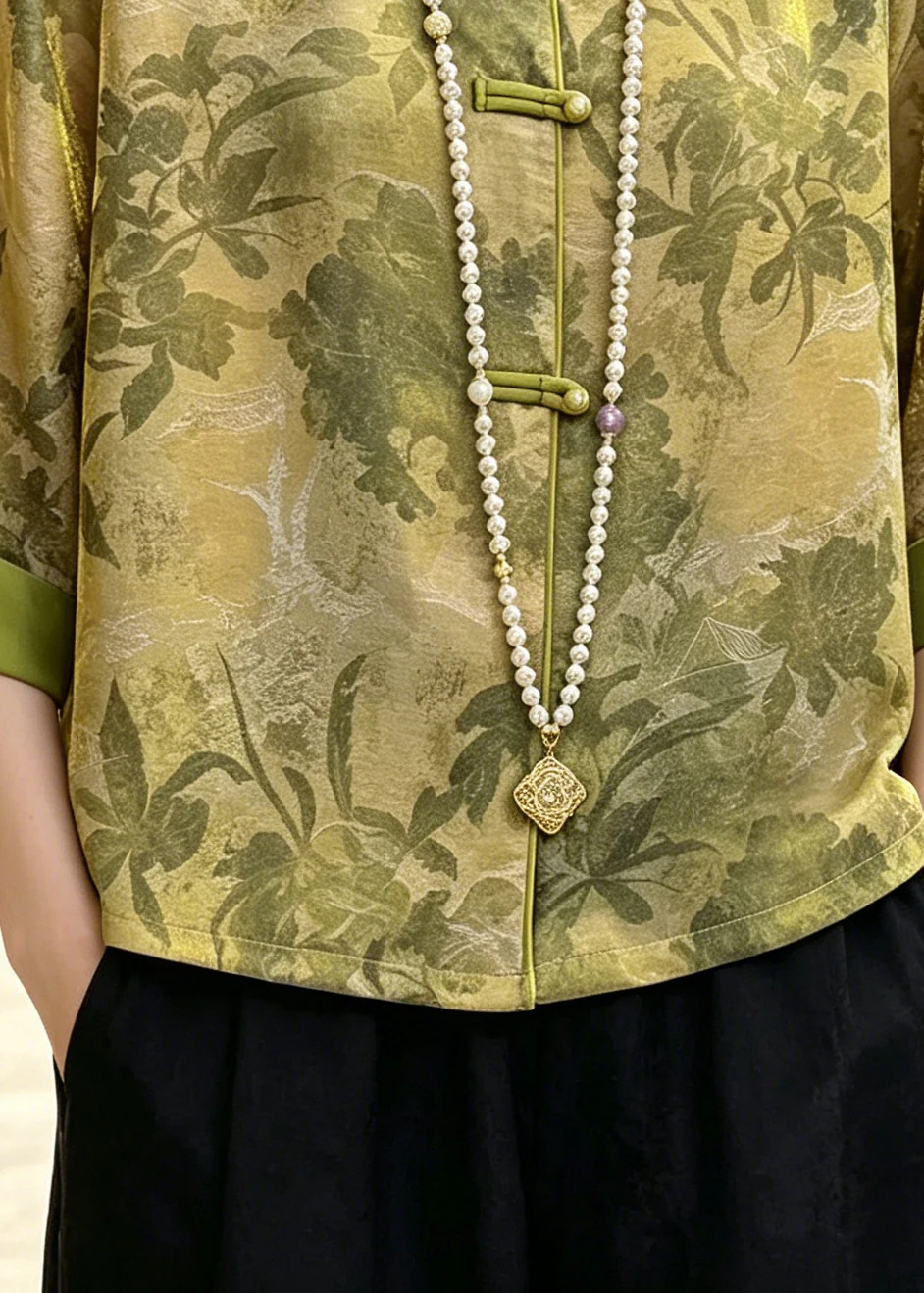 Chinese Style Green Tasseled Print Silk Shirt Top Summer - Image 4