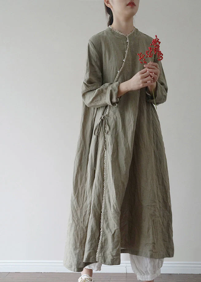 Chinese Style Green tie waist Linen Long Dresses Long Sleeve - Image 4