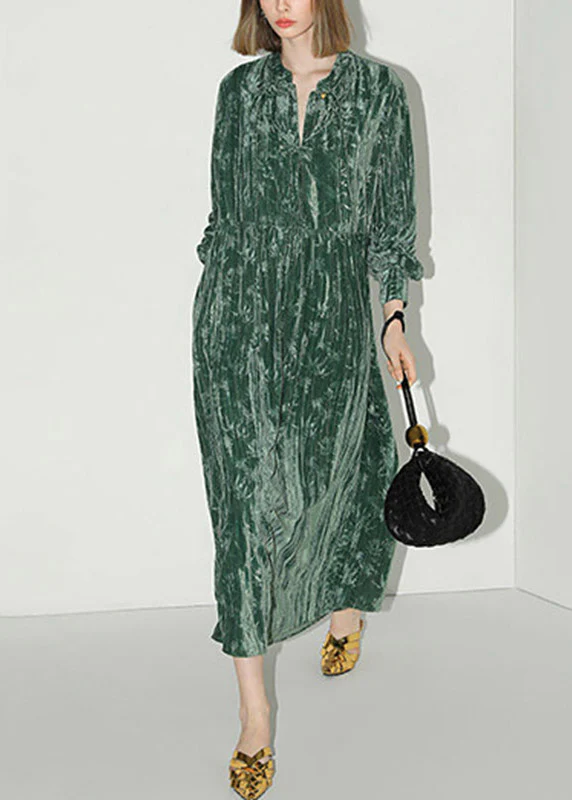 Chinese Style Green V Neck Print Silk Velvet Long Dress Lantern Sleeve