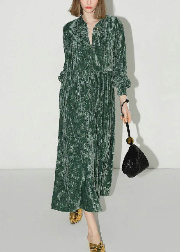 Chinese Style Green V Neck Print Silk Velvet Long Dress Lantern Sleeve - Image 2