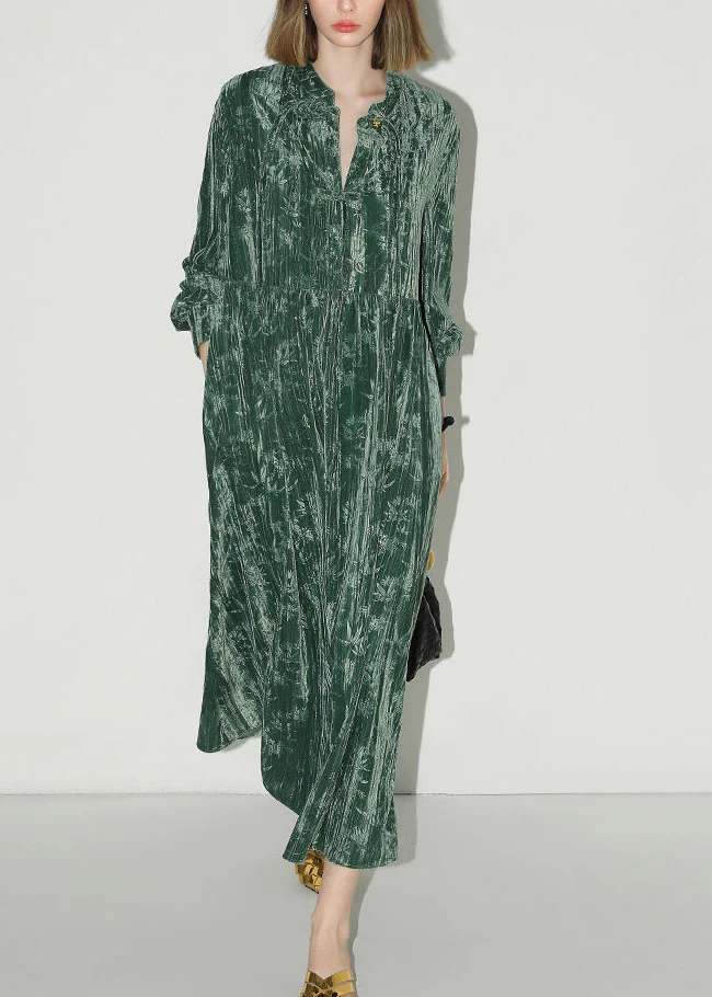 Chinese Style Green V Neck Print Silk Velvet Long Dress Lantern Sleeve - Image 3