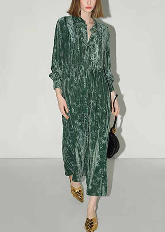 Chinese Style Green V Neck Print Silk Velvet Long Dress Lantern Sleeve - Image 4