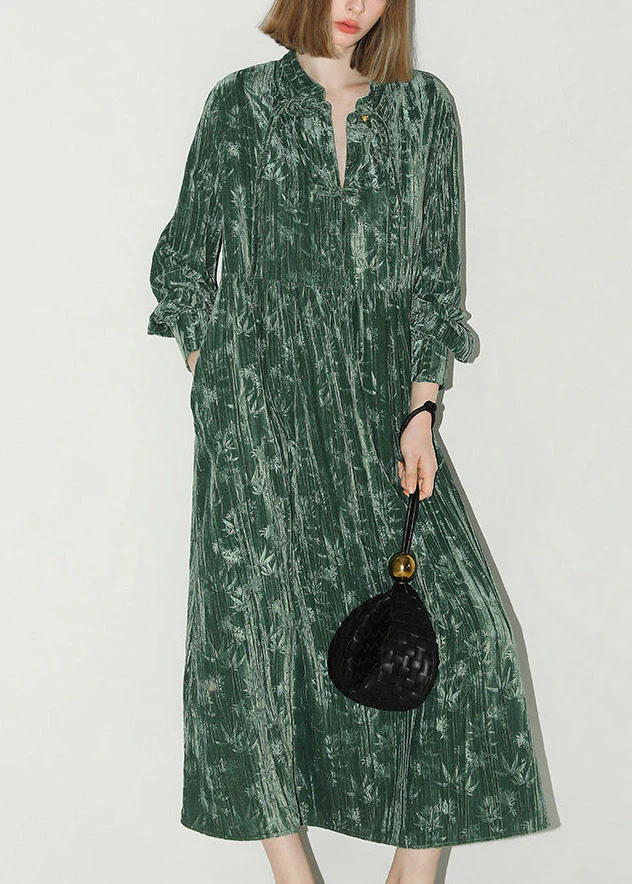 Chinese Style Green V Neck Print Silk Velvet Long Dress Lantern Sleeve - Image 5