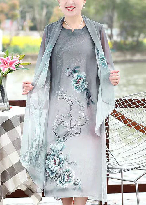 Chinese Style Grey Asymmetrical Print Patchwork Chiffon Dresses Summer - Image 2
