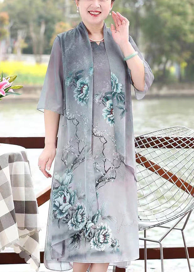Chinese Style Grey Asymmetrical Print Patchwork Chiffon Dresses Summer - Image 3