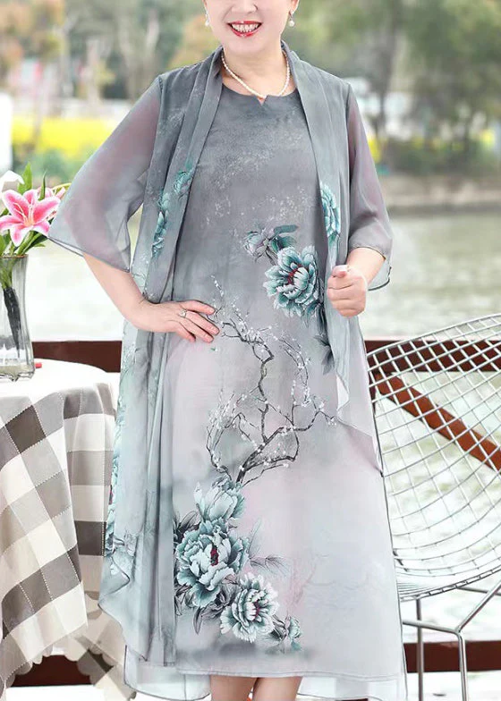 Chinese Style Grey Asymmetrical Print Patchwork Chiffon Dresses Summer - Image 4