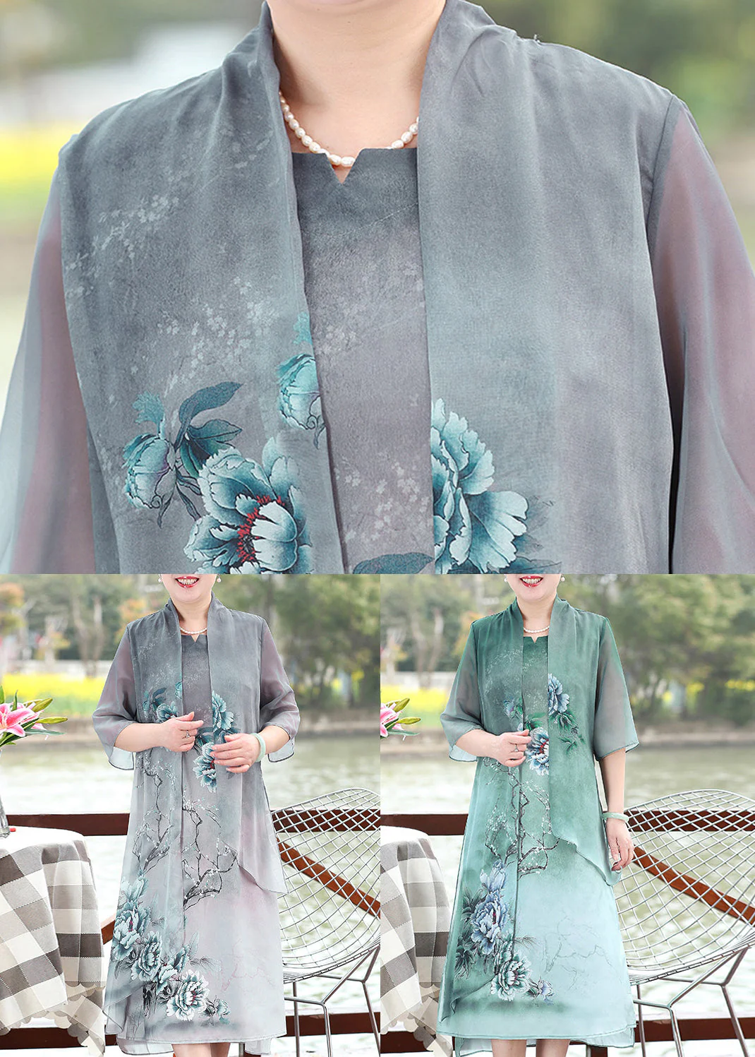 Chinese Style Grey Asymmetrical Print Patchwork Chiffon Dresses Summer - Image 5