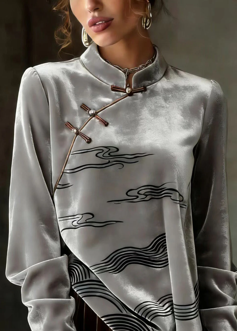 Chinese Style Grey Oriental Button Velour Shirts Spring - Image 2