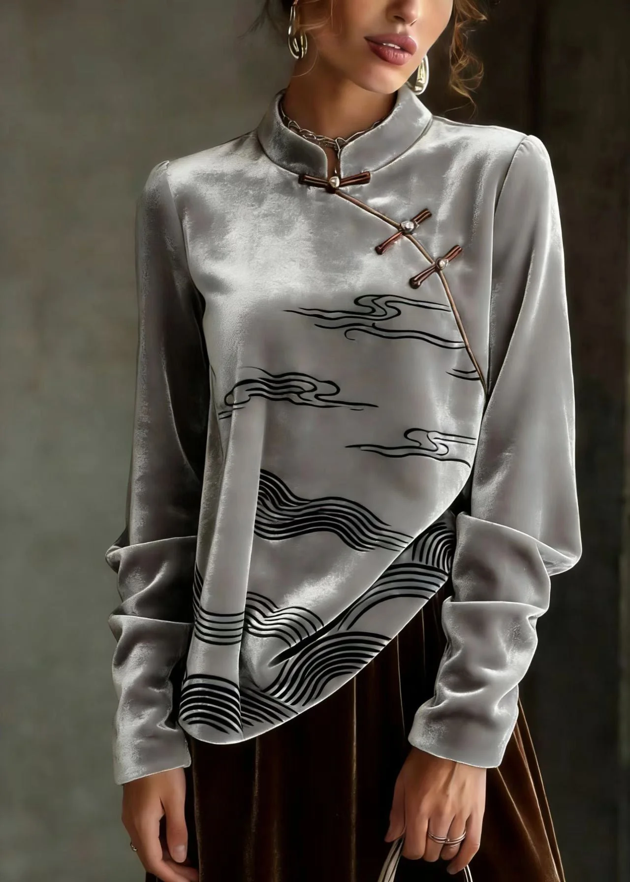 Chinese Style Grey Oriental Button Velour Shirts Spring - Image 3