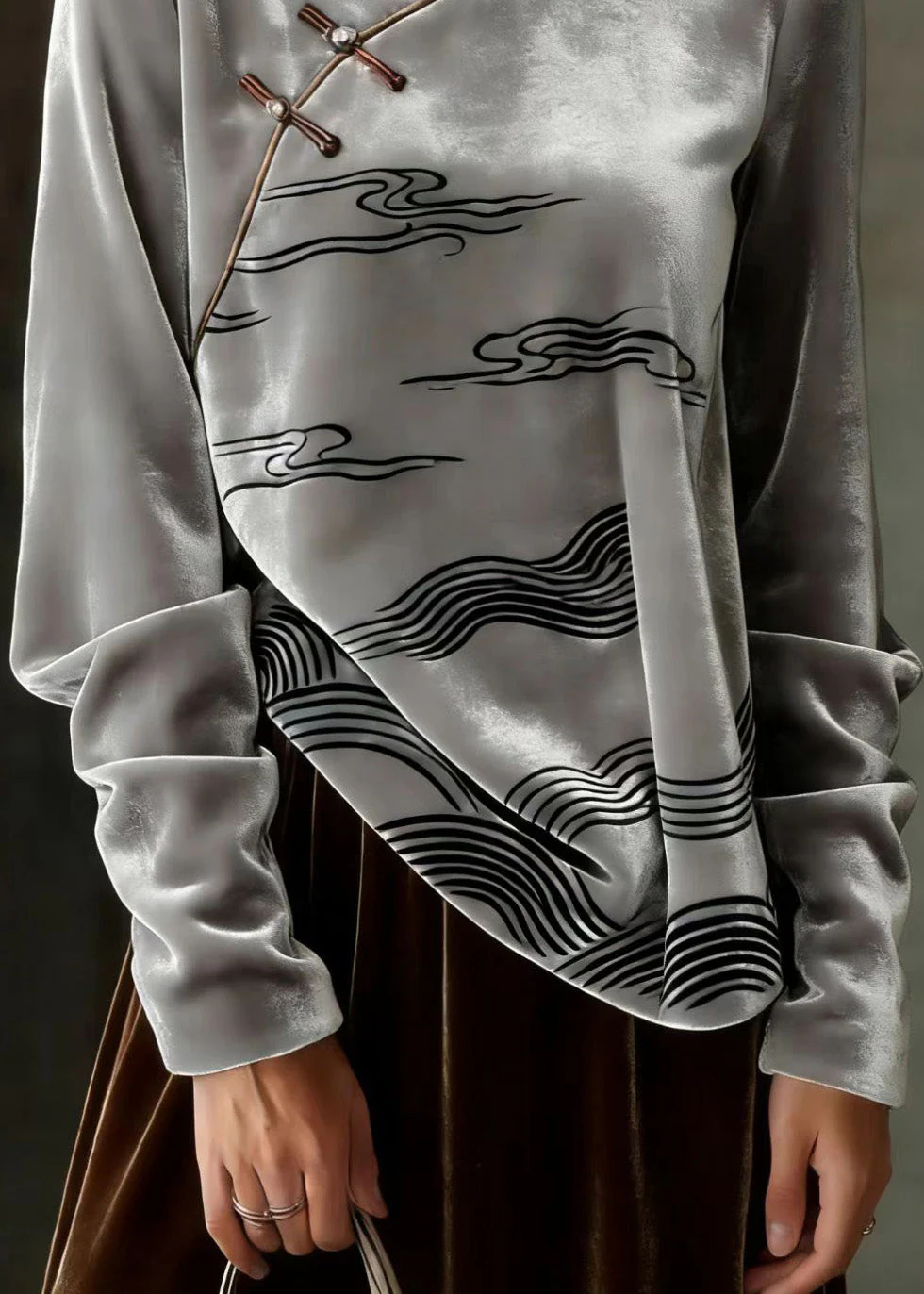 Chinese Style Grey Oriental Button Velour Shirts Spring - Image 4