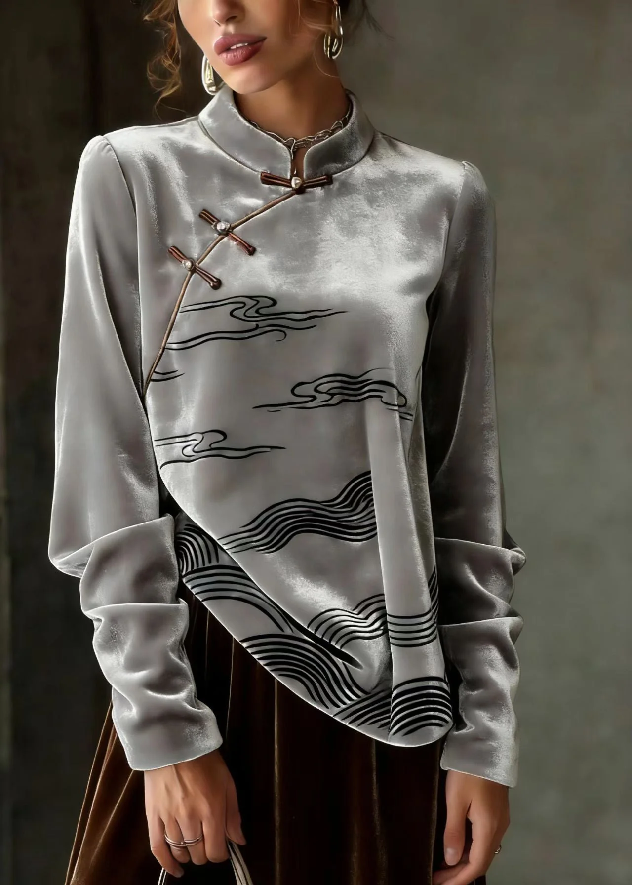 Chinese Style Grey Oriental Button Velour Shirts Spring - Image 5