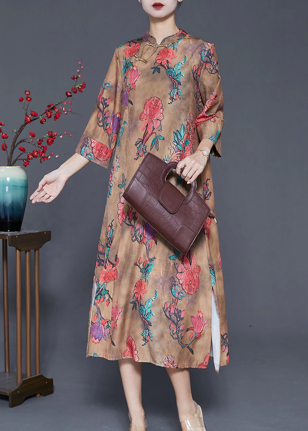 Chinese Style Khaki Print Cheongsam Long Dresses Fall - Image 2