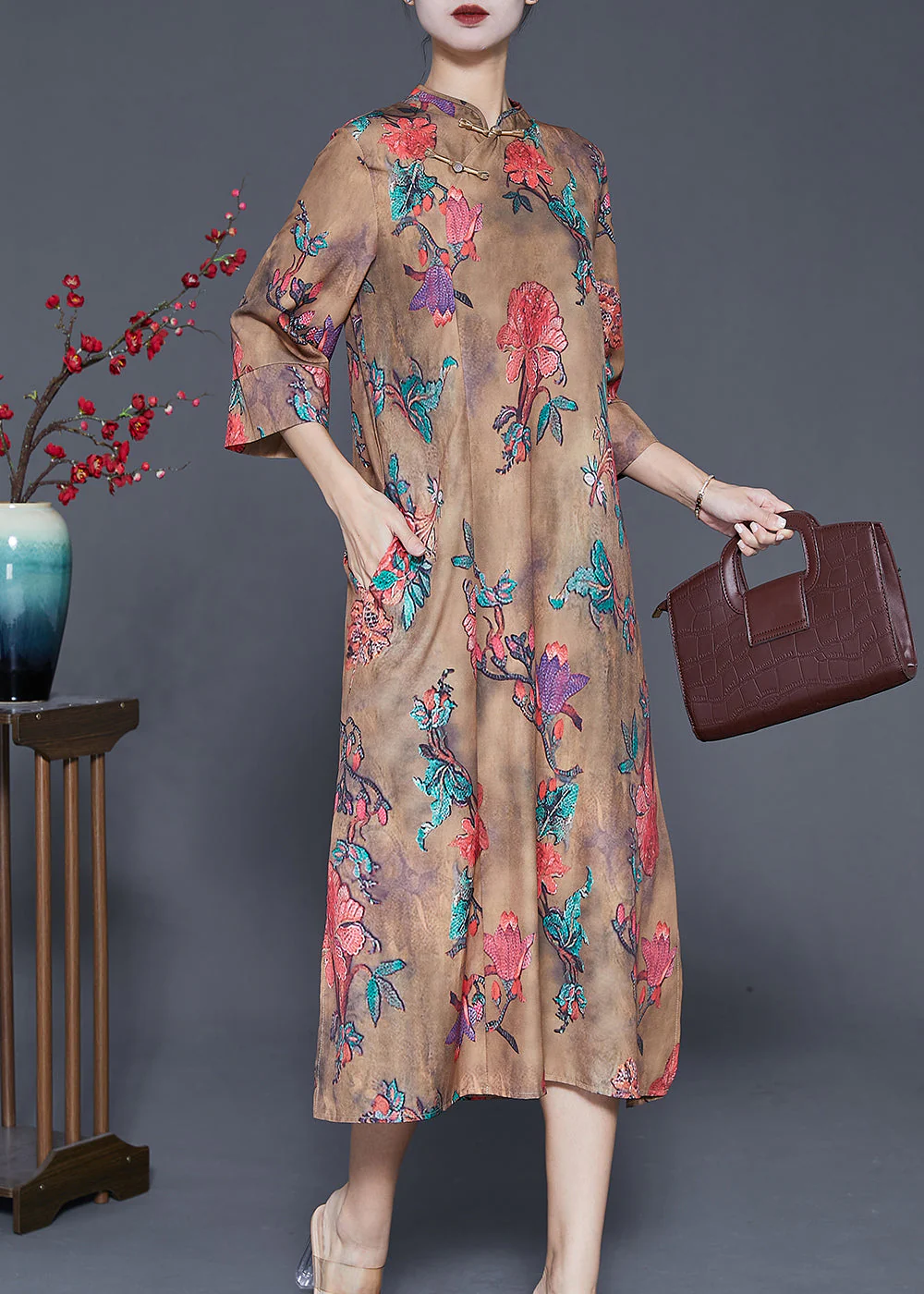 Chinese Style Khaki Print Cheongsam Long Dresses Fall - Image 3