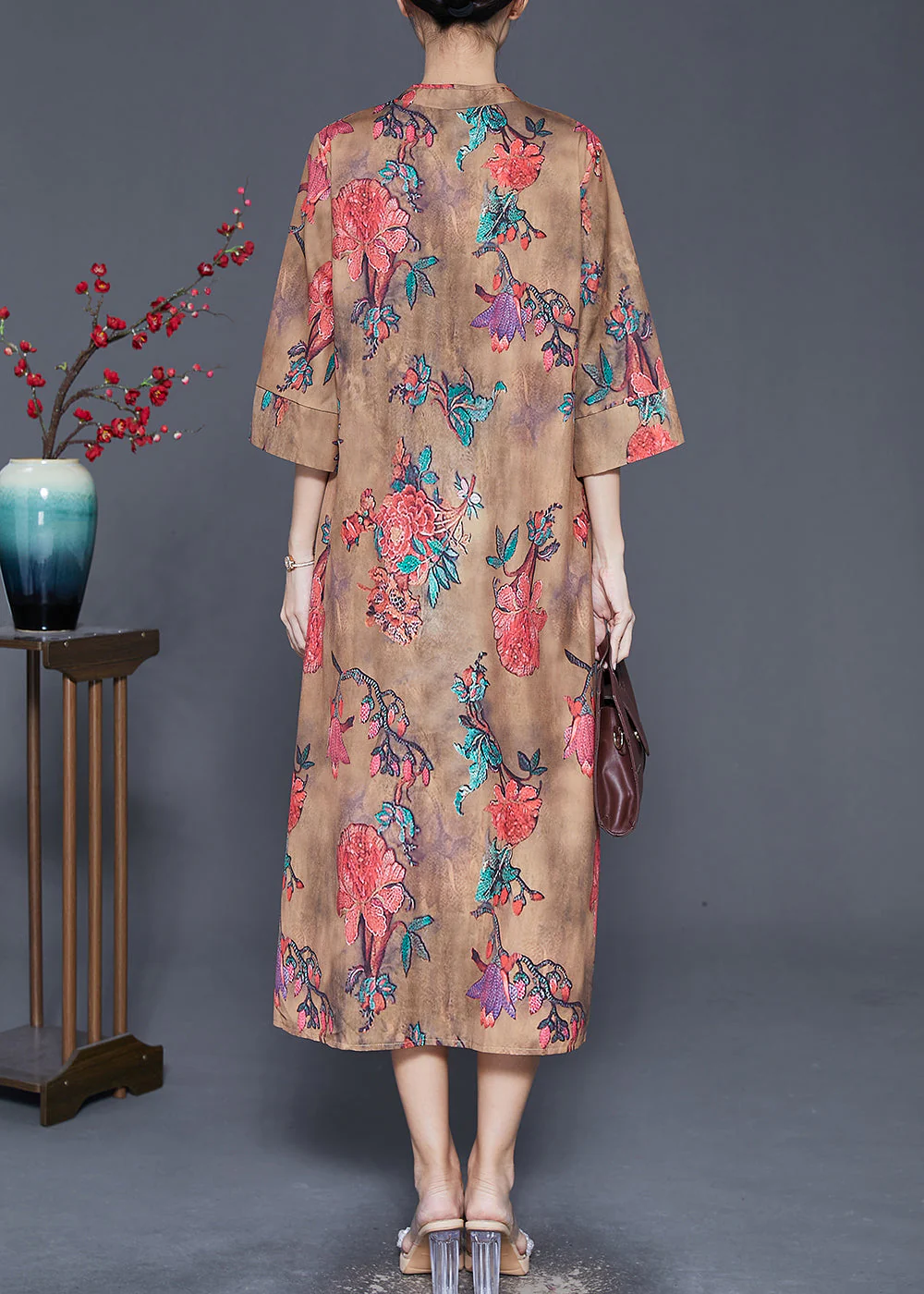 Chinese Style Khaki Print Cheongsam Long Dresses Fall - Image 4