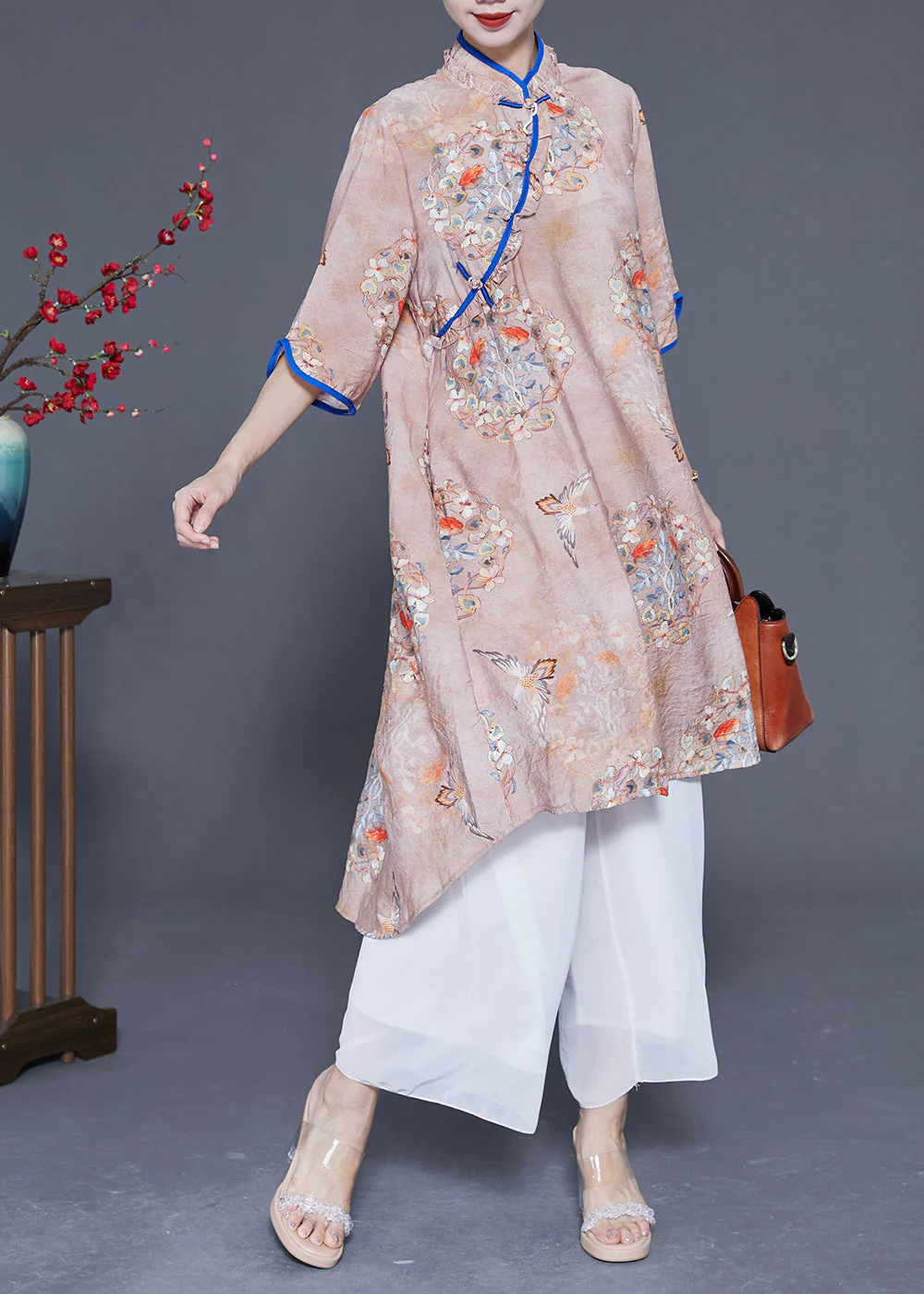 Chinese Style Khaki Ruffled Print Low High Design Cotton Dress Summer - Image 3