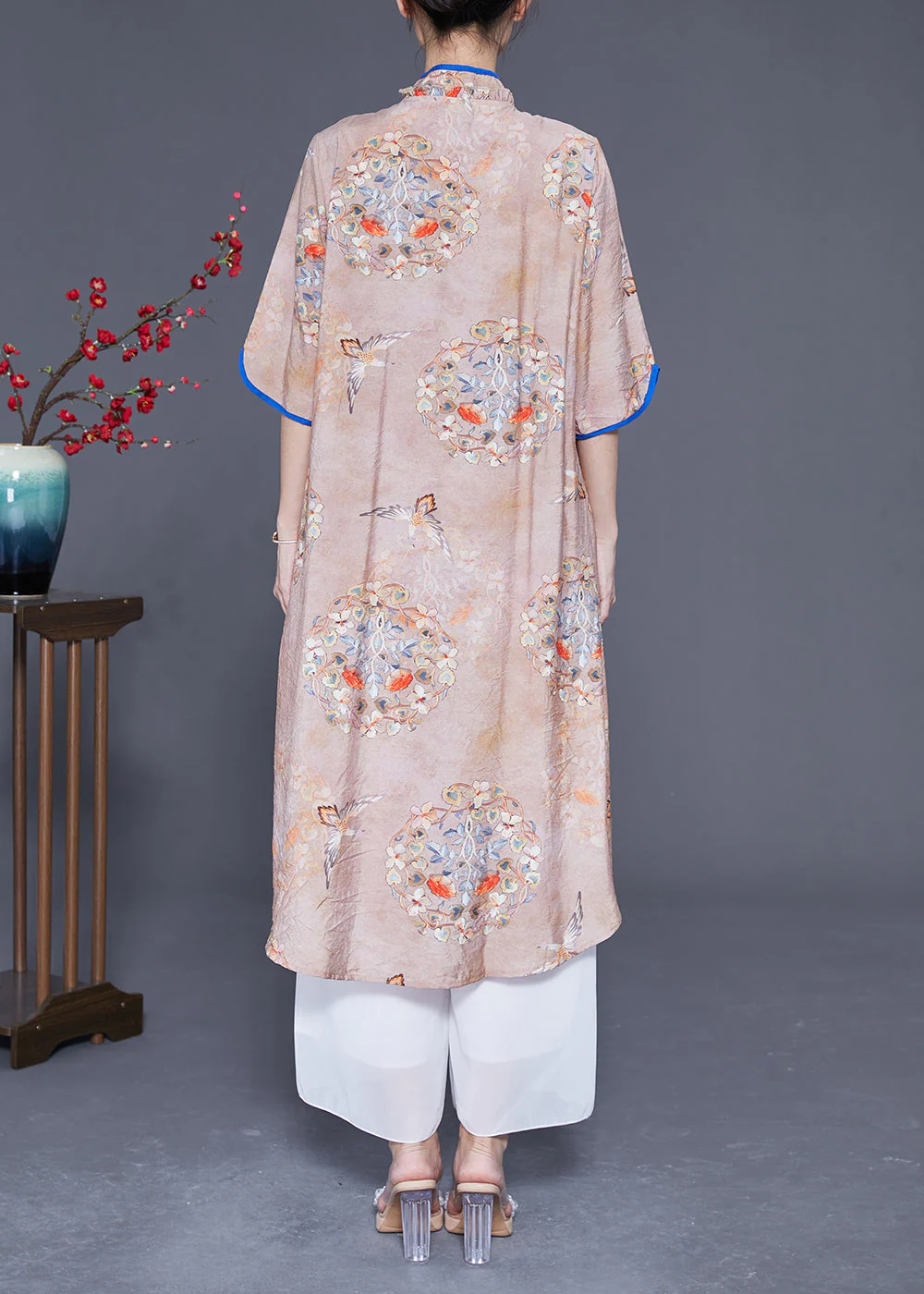 Chinese Style Khaki Ruffled Print Low High Design Cotton Dress Summer - Image 4