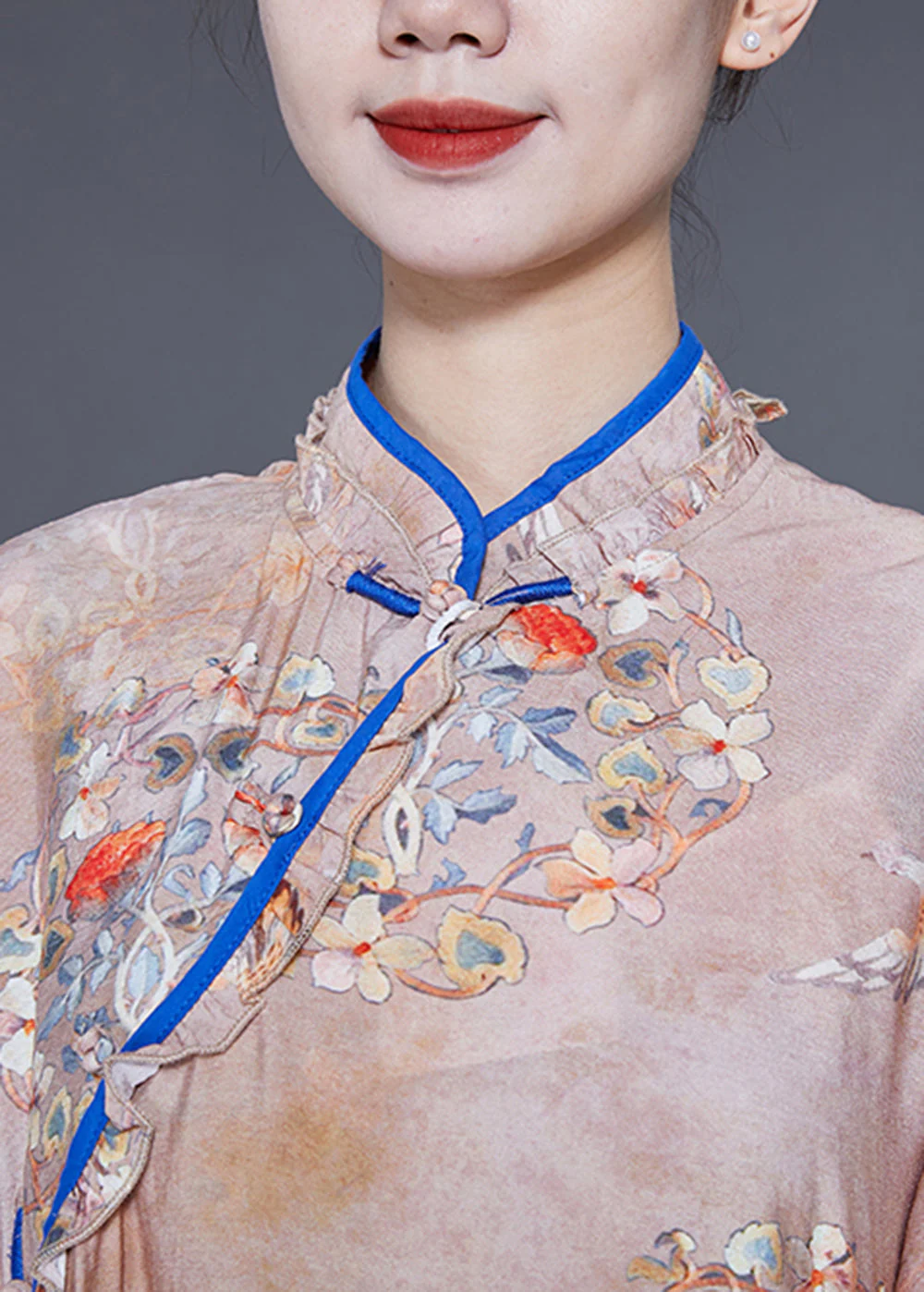 Chinese Style Khaki Ruffled Print Low High Design Cotton Dress Summer - Image 5