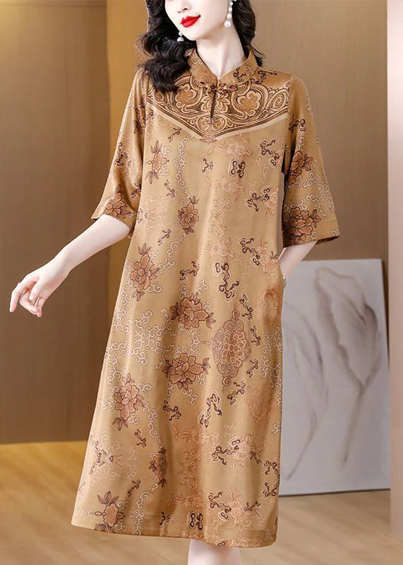 Chinese Style Khaki Stand Collar Chinese Button Print Silk Dresses Half Sleeve - Image 2